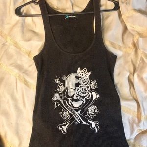 Black shimmery Skull crossbones and Roses tank top